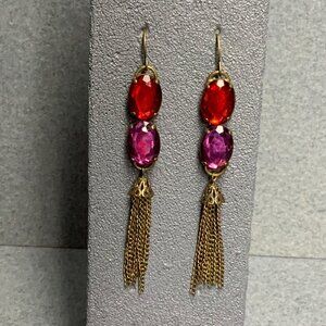 Vintage Dangle Pierced Earrings 3 In Bronze Red Purple Faceted Chain Fringe Glam